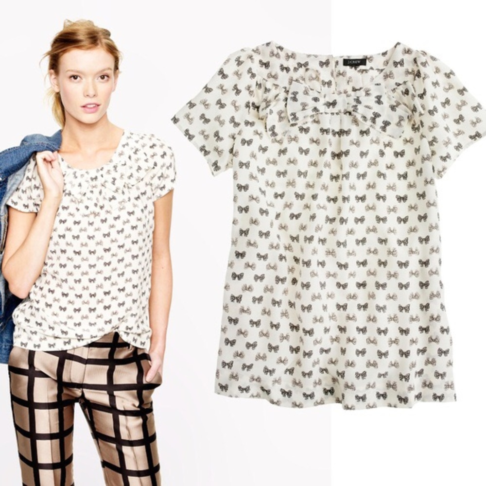 J Crew Factory Bow neck and bow print blouse.